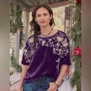 Sundance NWOT Alarie Velvet  Embroidered Top Blouse Size L Purple